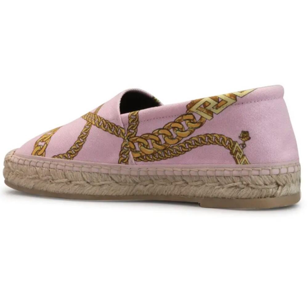 New Versace Pink & Gold Chain Graphic-Print Canvas Slip-On Espadrilles - Picture 2 of 14